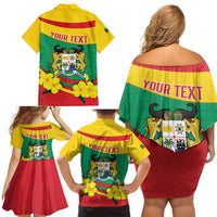 Personalised Benin National Day Family Matching Off Shoulder Short Dress and Hawaiian Shirt Coat Of Arms Yellow Allamanda