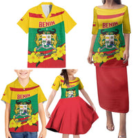 Personalised Benin National Day Family Matching Puletasi and Hawaiian Shirt Coat Of Arms Yellow Allamanda