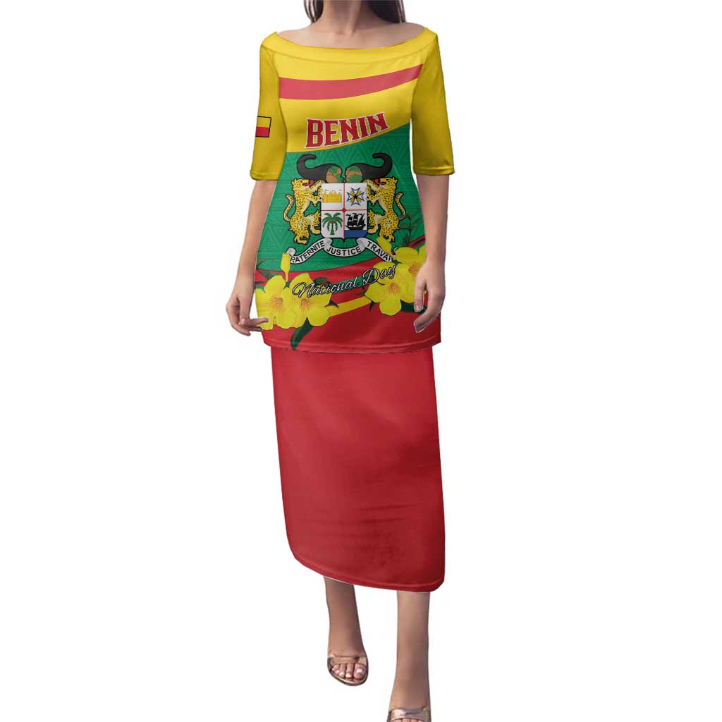 Personalised Benin National Day Family Matching Puletasi and Hawaiian Shirt Coat Of Arms Yellow Allamanda