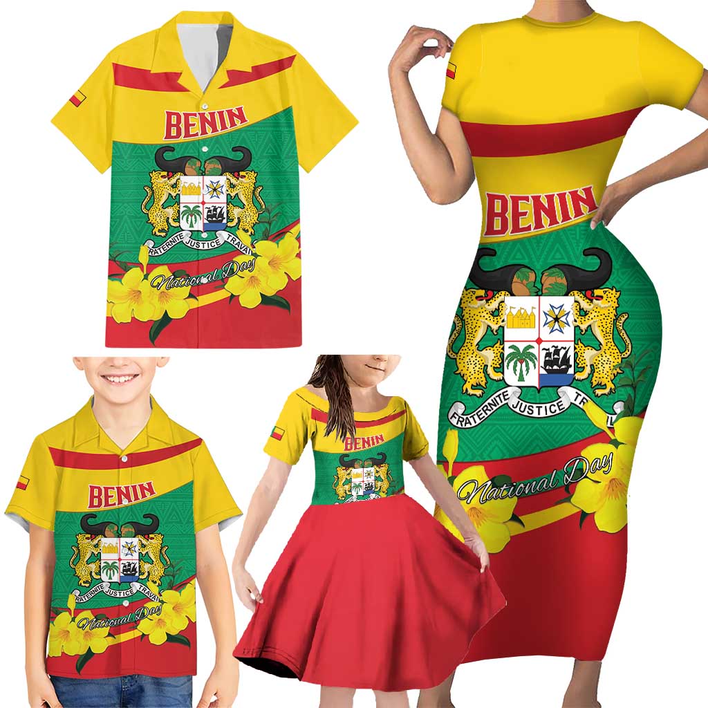 Personalised Benin National Day Family Matching Short Sleeve Bodycon Dress and Hawaiian Shirt Coat Of Arms Yellow Allamanda