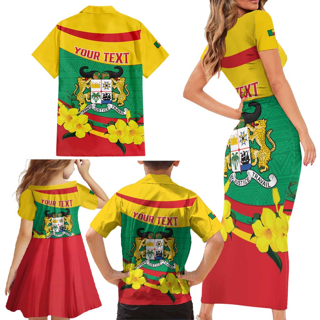 Personalised Benin National Day Family Matching Short Sleeve Bodycon Dress and Hawaiian Shirt Coat Of Arms Yellow Allamanda