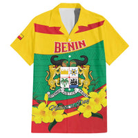 Personalised Benin National Day Family Matching Short Sleeve Bodycon Dress and Hawaiian Shirt Coat Of Arms Yellow Allamanda