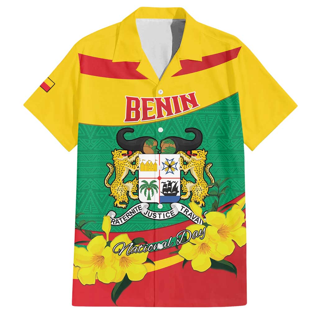 Personalised Benin National Day Family Matching Summer Maxi Dress and Hawaiian Shirt Coat Of Arms Yellow Allamanda