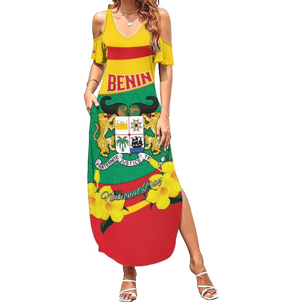 Personalised Benin National Day Family Matching Summer Maxi Dress and Hawaiian Shirt Coat Of Arms Yellow Allamanda