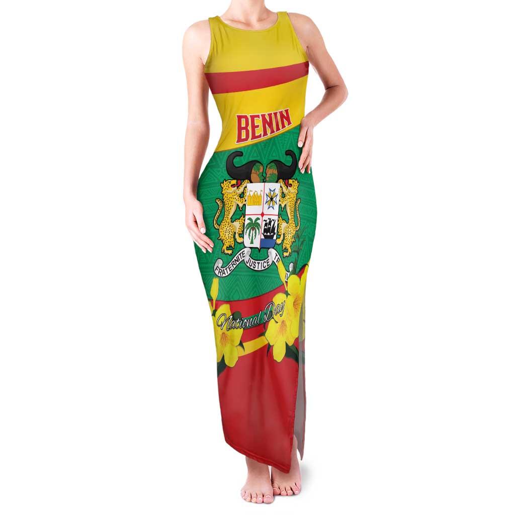 Personalised Benin National Day Family Matching Tank Maxi Dress and Hawaiian Shirt Coat Of Arms Yellow Allamanda