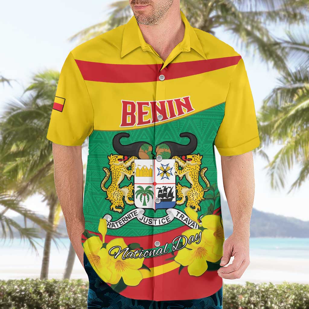Personalised Benin National Day Hawaiian Shirt Coat Of Arms Yellow Allamanda
