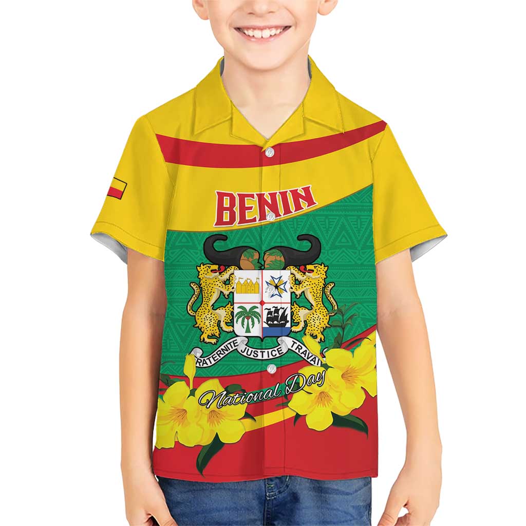 Personalised Benin National Day Kid Hawaiian Shirt Coat Of Arms Yellow Allamanda