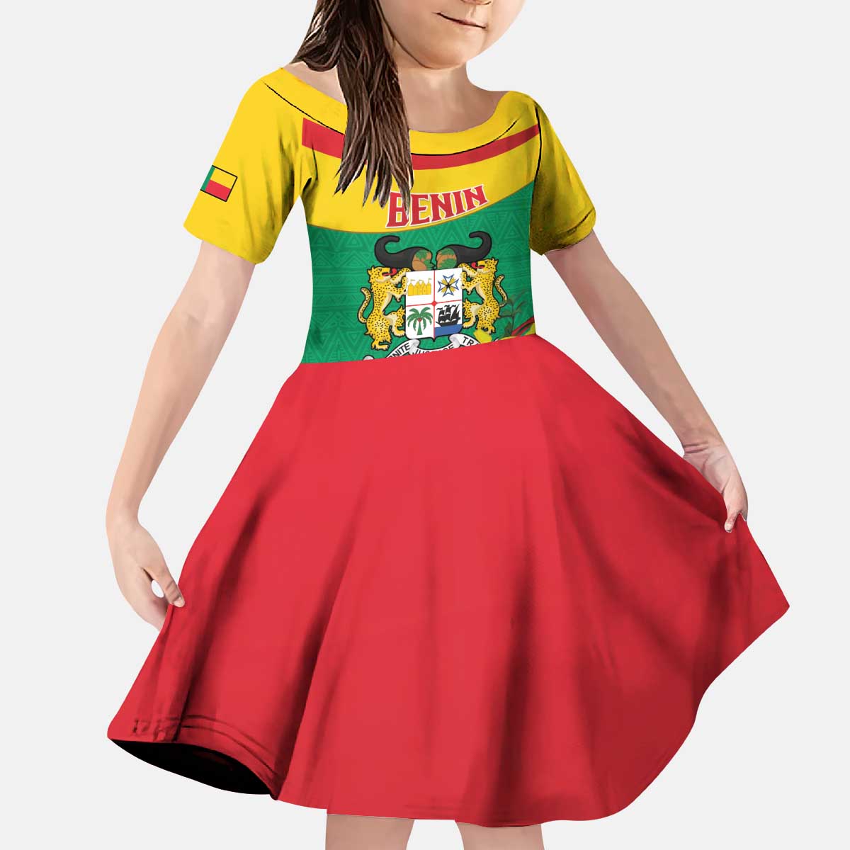 Personalised Benin National Day Kid Short Sleeve Dress Coat Of Arms Yellow Allamanda