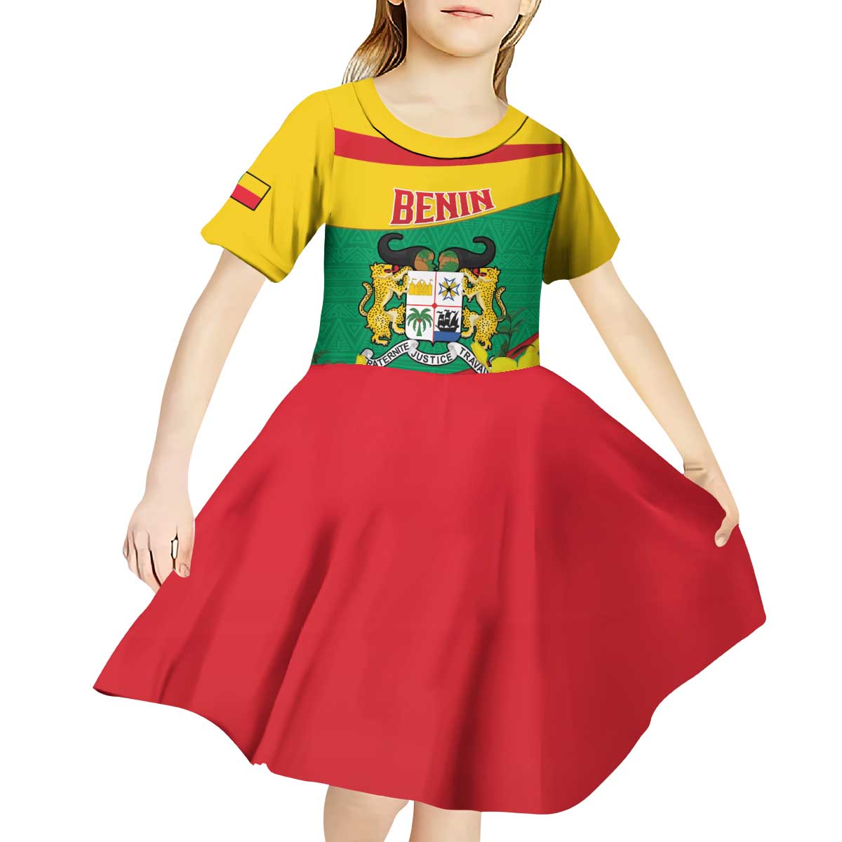 Personalised Benin National Day Kid Short Sleeve Dress Coat Of Arms Yellow Allamanda