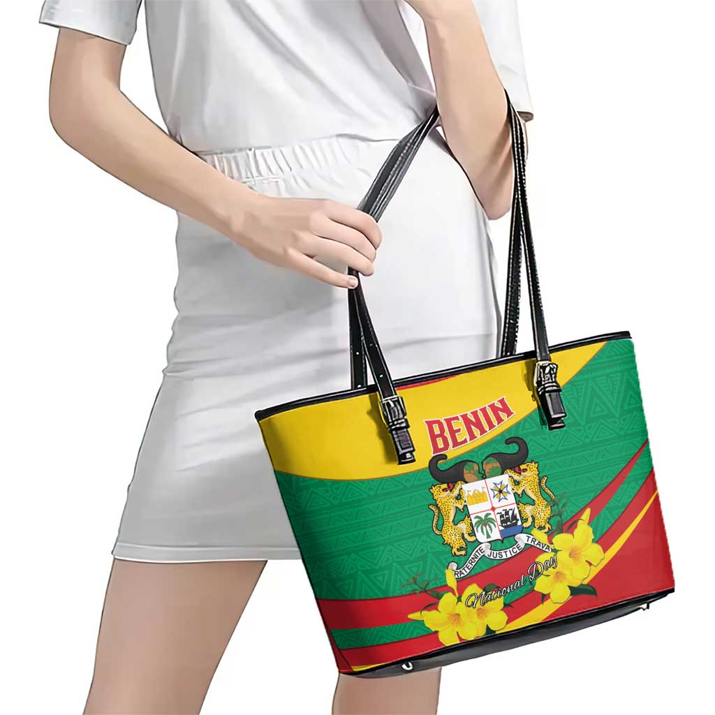 Benin National Day Leather Tote Bag Coat Of Arms Yellow Allamanda