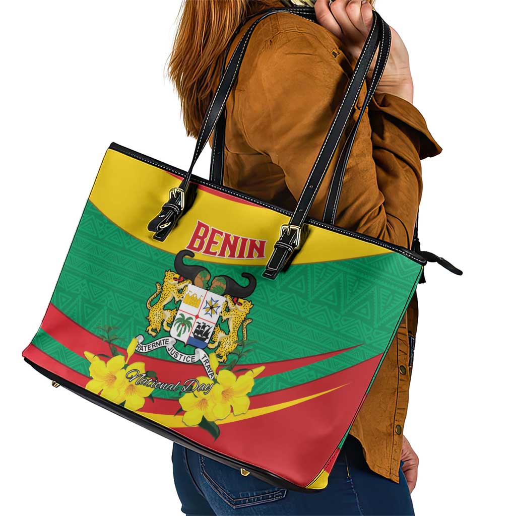 Benin National Day Leather Tote Bag Coat Of Arms Yellow Allamanda