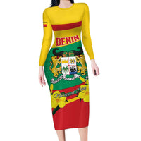 Personalised Benin National Day Long Sleeve Bodycon Dress Coat Of Arms Yellow Allamanda
