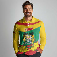 Personalised Benin National Day Long Sleeve Polo Shirt Coat Of Arms Yellow Allamanda