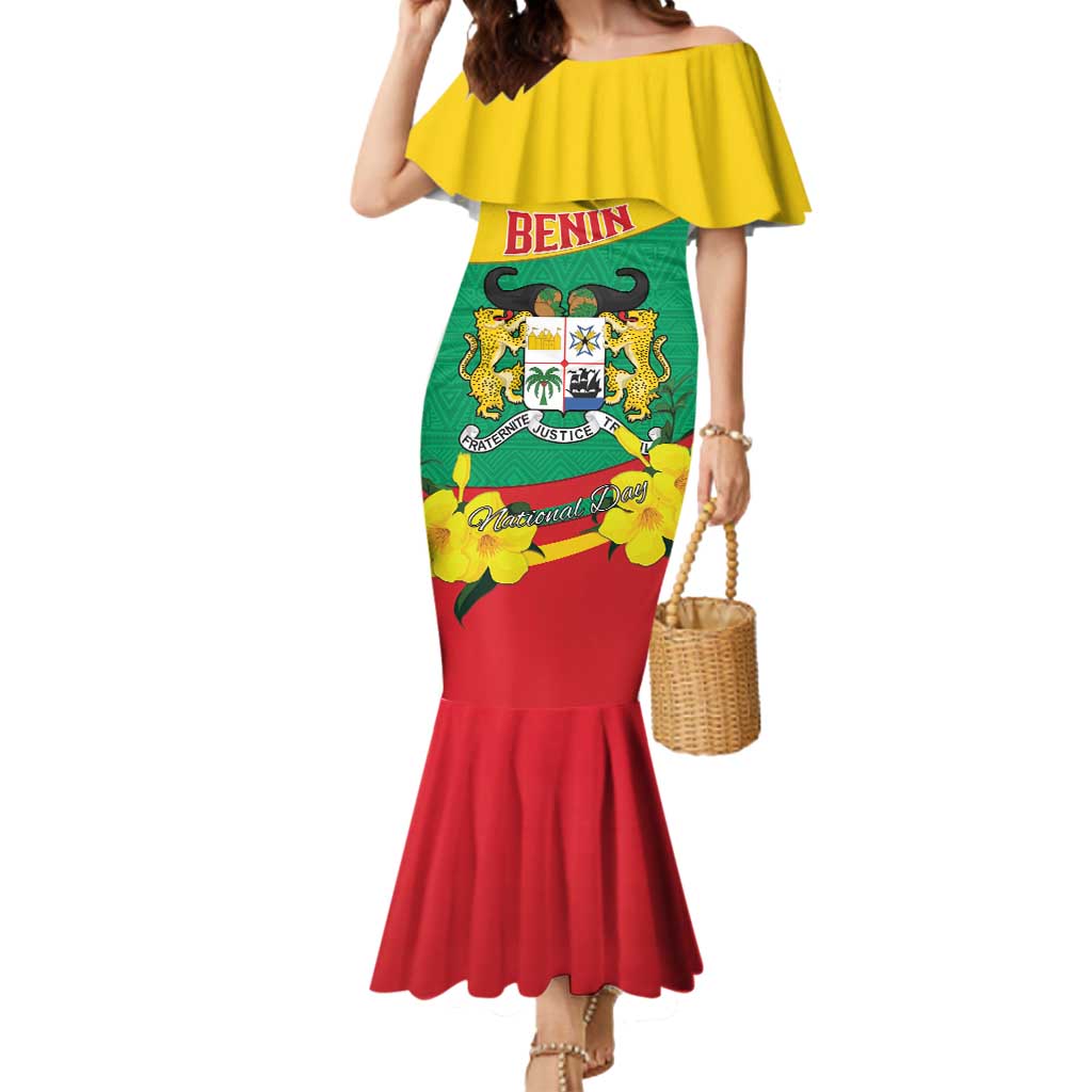 Personalised Benin National Day Mermaid Dress Coat Of Arms Yellow Allamanda