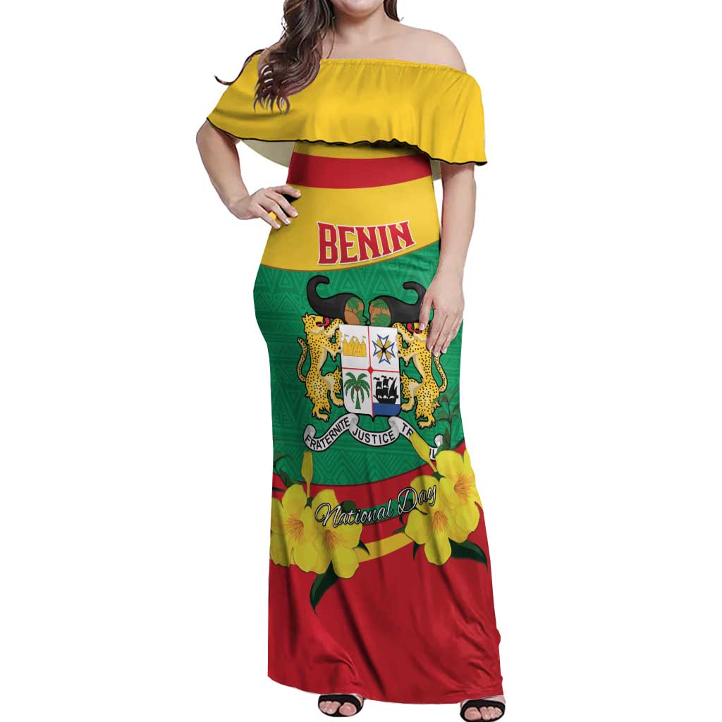 Personalised Benin National Day Off Shoulder Maxi Dress Coat Of Arms Yellow Allamanda