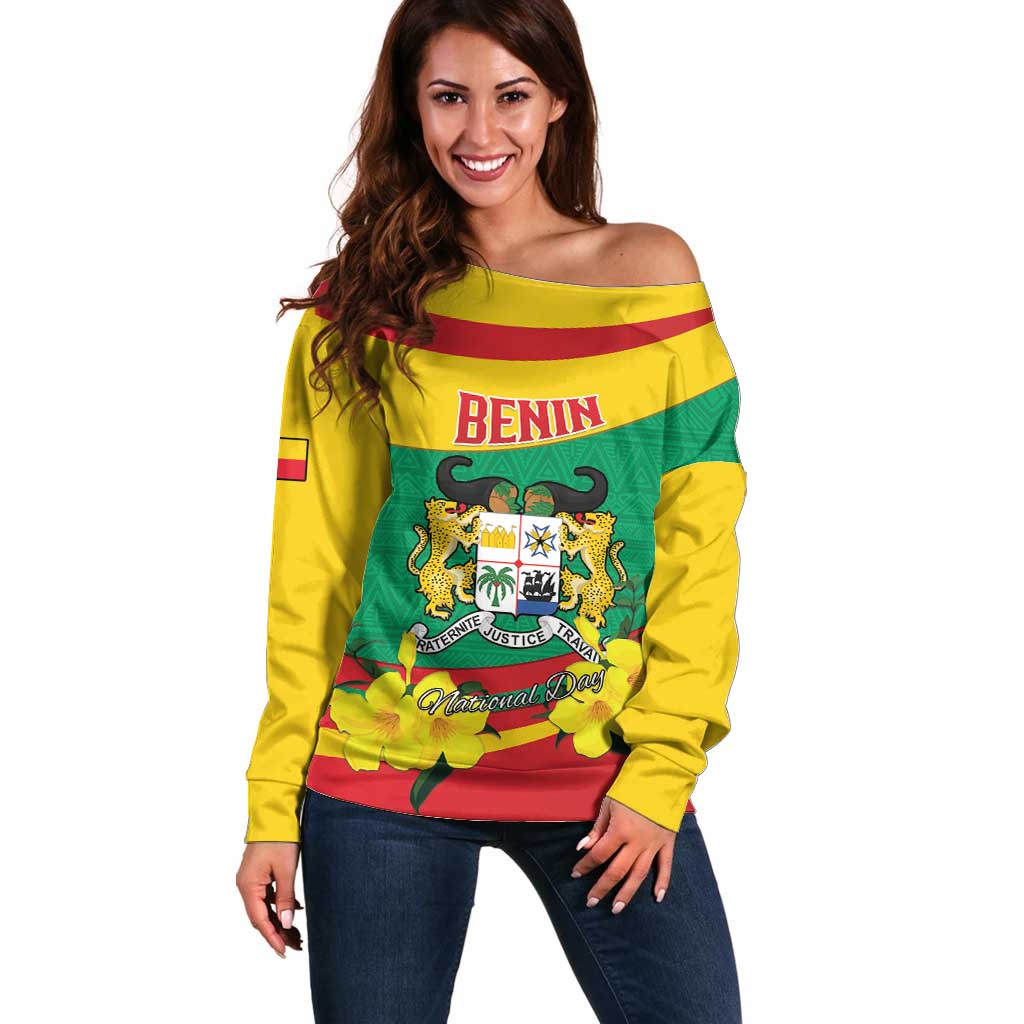 Personalised Benin National Day Off Shoulder Sweater Coat Of Arms Yellow Allamanda