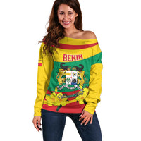 Personalised Benin National Day Off Shoulder Sweater Coat Of Arms Yellow Allamanda