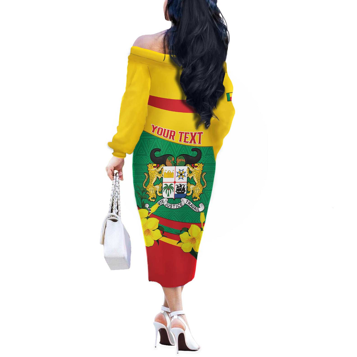 Personalised Benin National Day Off The Shoulder Long Sleeve Dress Coat Of Arms Yellow Allamanda