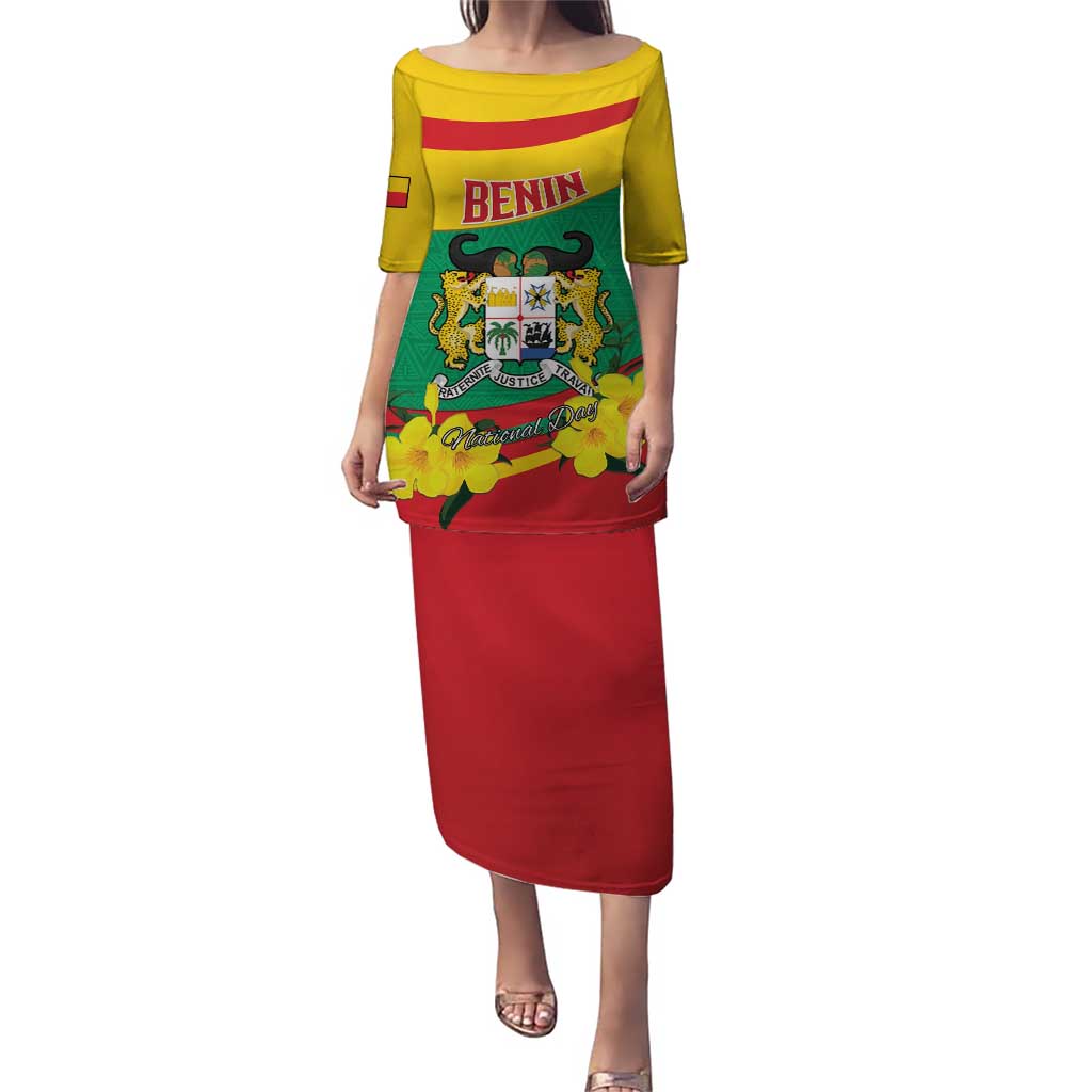 Personalised Benin National Day Puletasi Coat Of Arms Yellow Allamanda