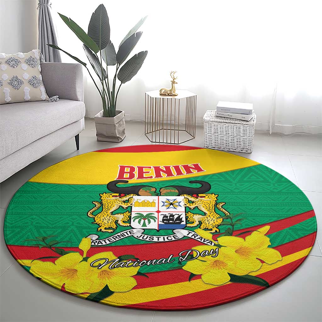 Benin National Day Round Carpet Coat Of Arms Yellow Allamanda