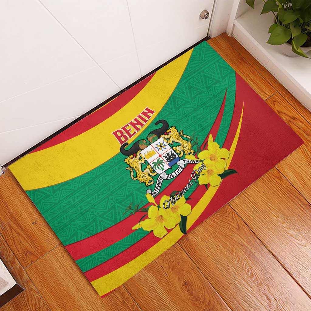 Benin National Day Rubber Doormat Coat Of Arms Yellow Allamanda