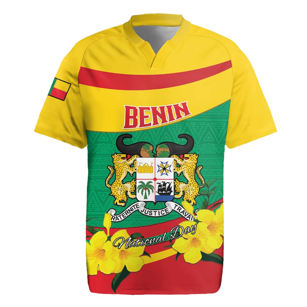 Personalised Benin National Day Rugby Jersey Coat Of Arms Yellow Allamanda