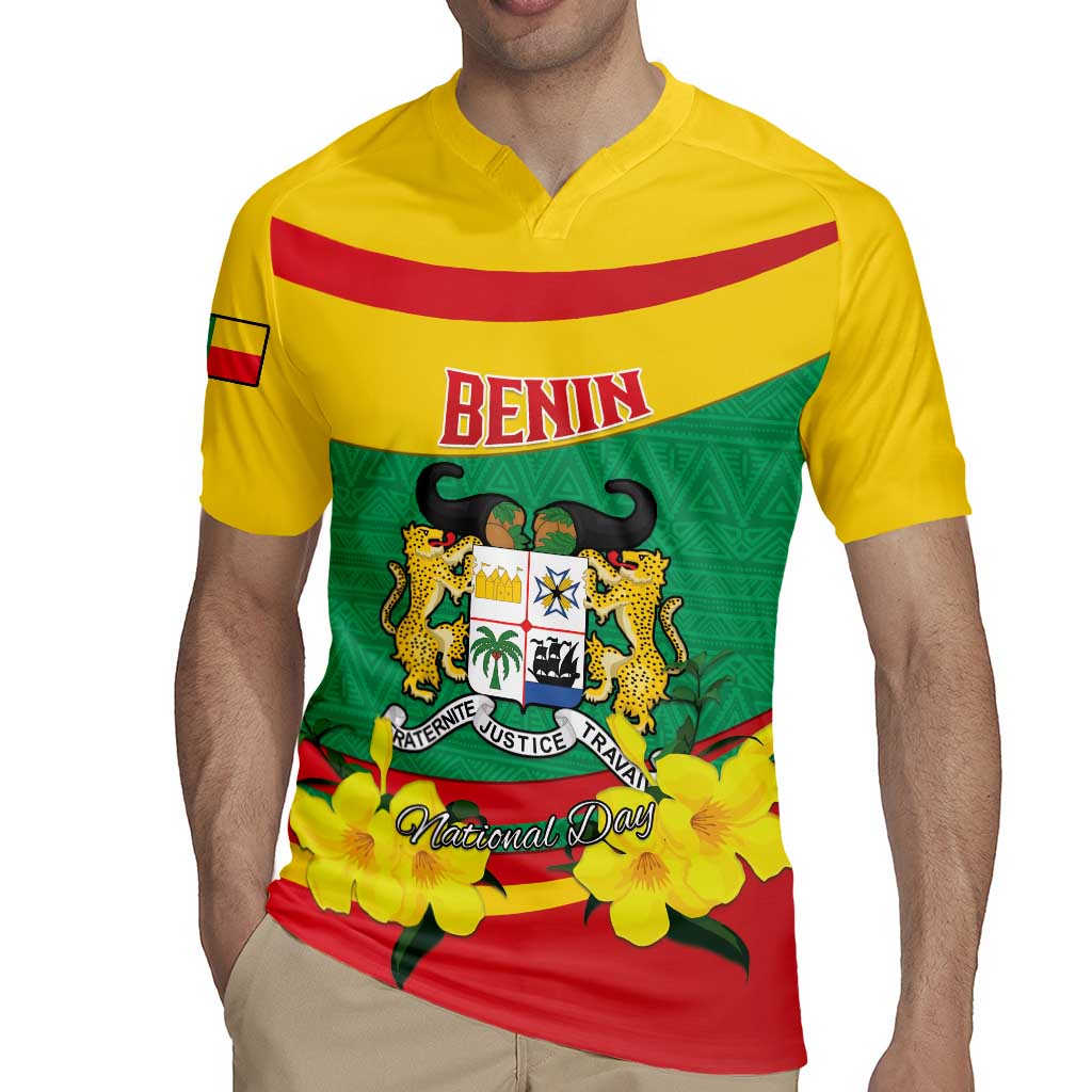 Personalised Benin National Day Rugby Jersey Coat Of Arms Yellow Allamanda