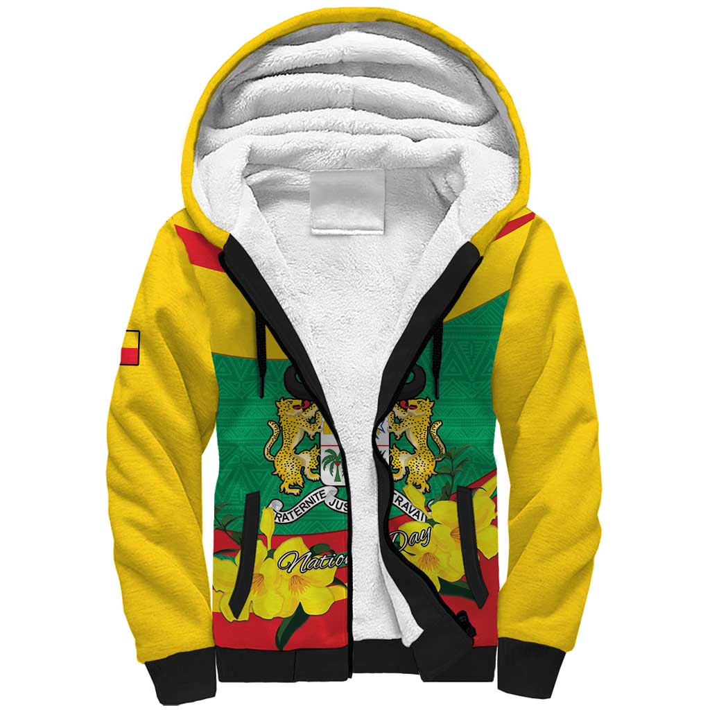 Personalised Benin National Day Sherpa Hoodie Coat Of Arms Yellow Allamanda