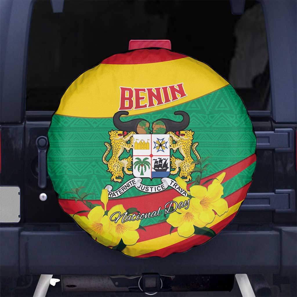 Benin National Day Spare Tire Cover Coat Of Arms Yellow Allamanda