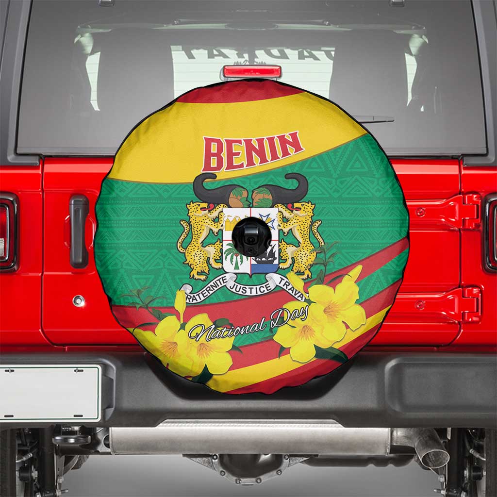 Benin National Day Spare Tire Cover Coat Of Arms Yellow Allamanda