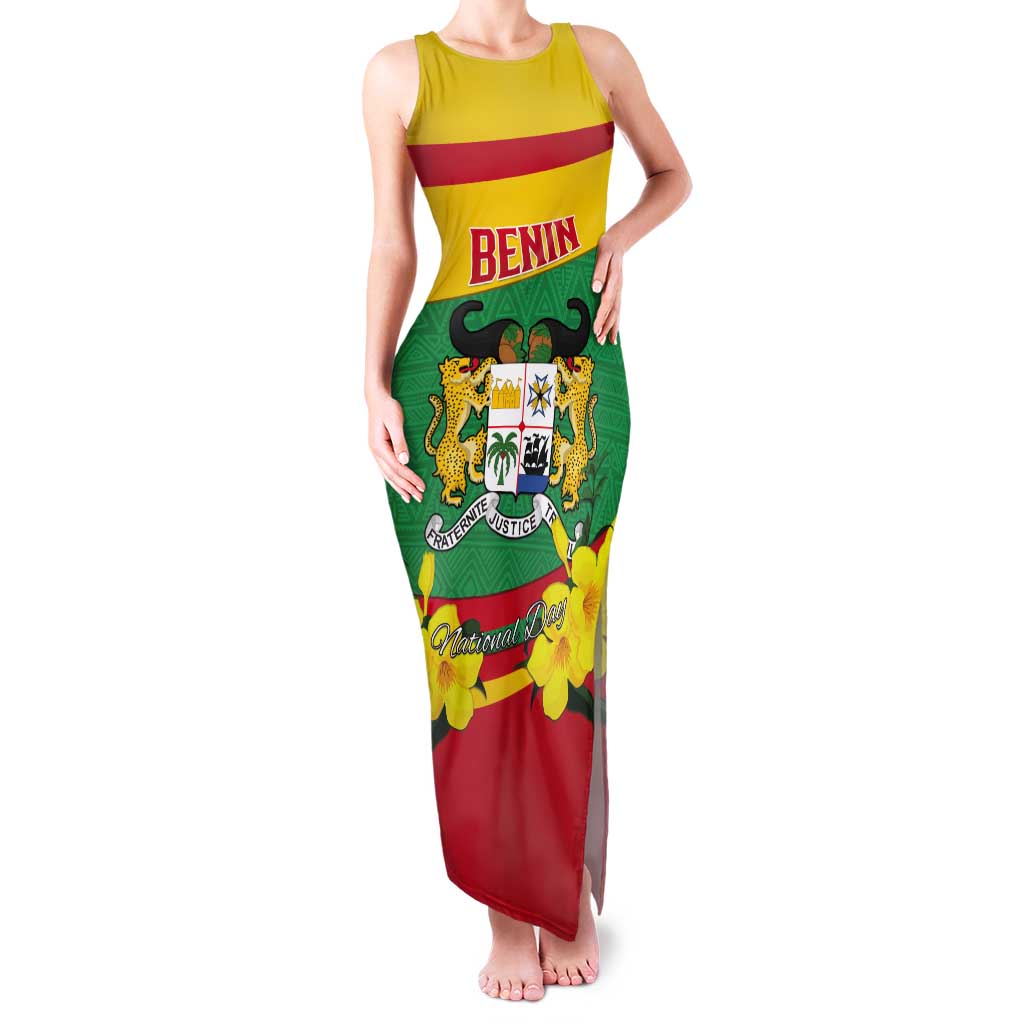Personalised Benin National Day Tank Maxi Dress Coat Of Arms Yellow Allamanda