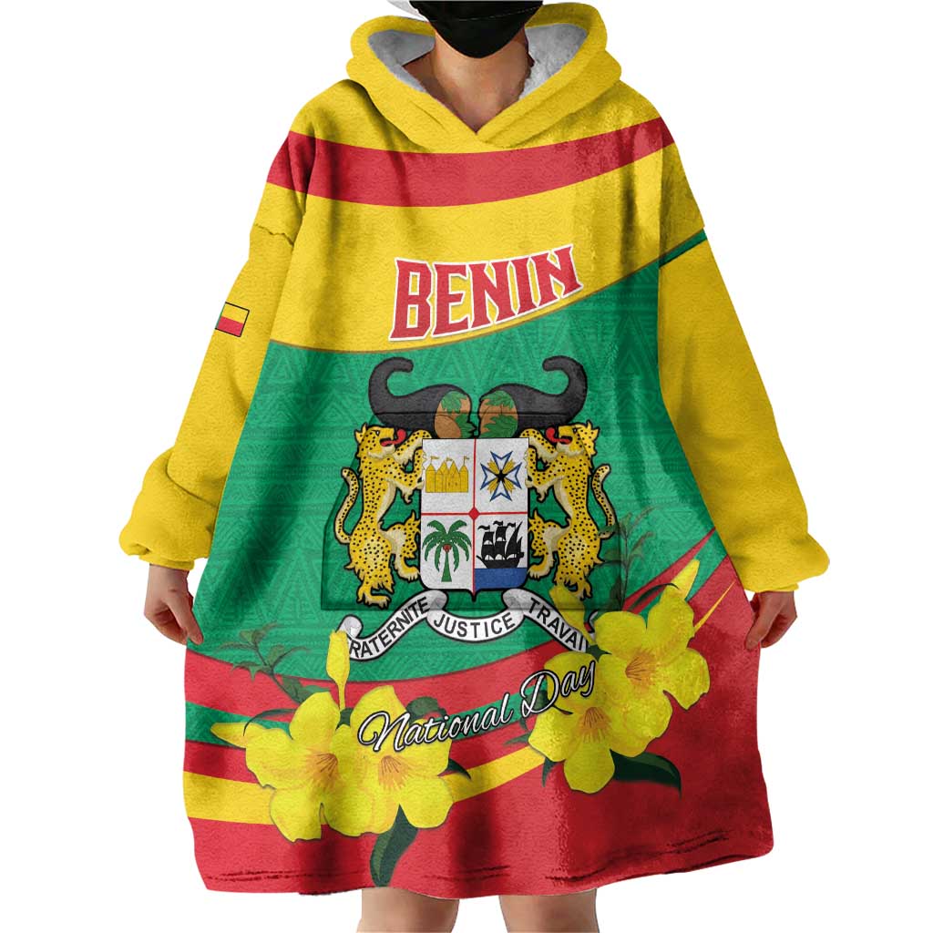 Personalised Benin National Day Wearable Blanket Hoodie Coat Of Arms Yellow Allamanda
