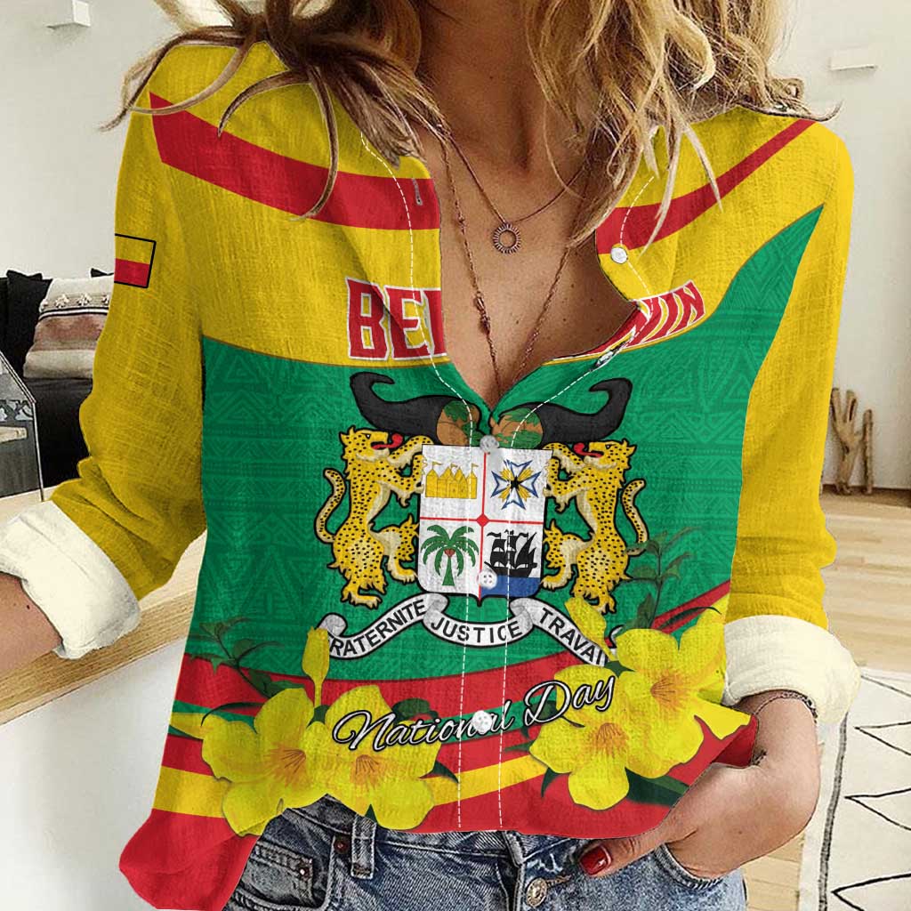 Personalised Benin National Day Women Casual Shirt Coat Of Arms Yellow Allamanda