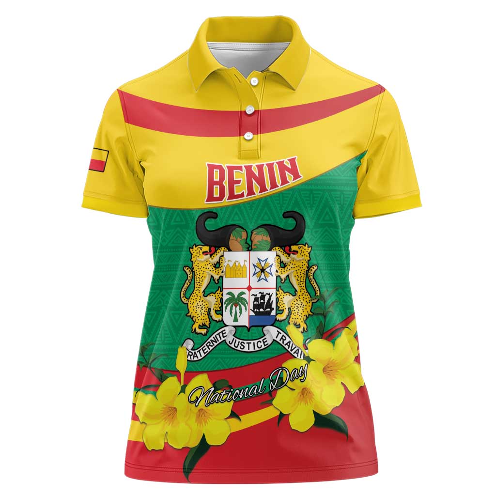 Personalised Benin National Day Women Polo Shirt Coat Of Arms Yellow Allamanda