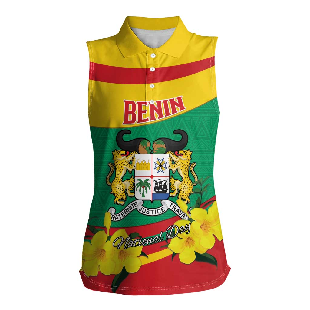 Personalised Benin National Day Women Sleeveless Polo Shirt Coat Of Arms Yellow Allamanda