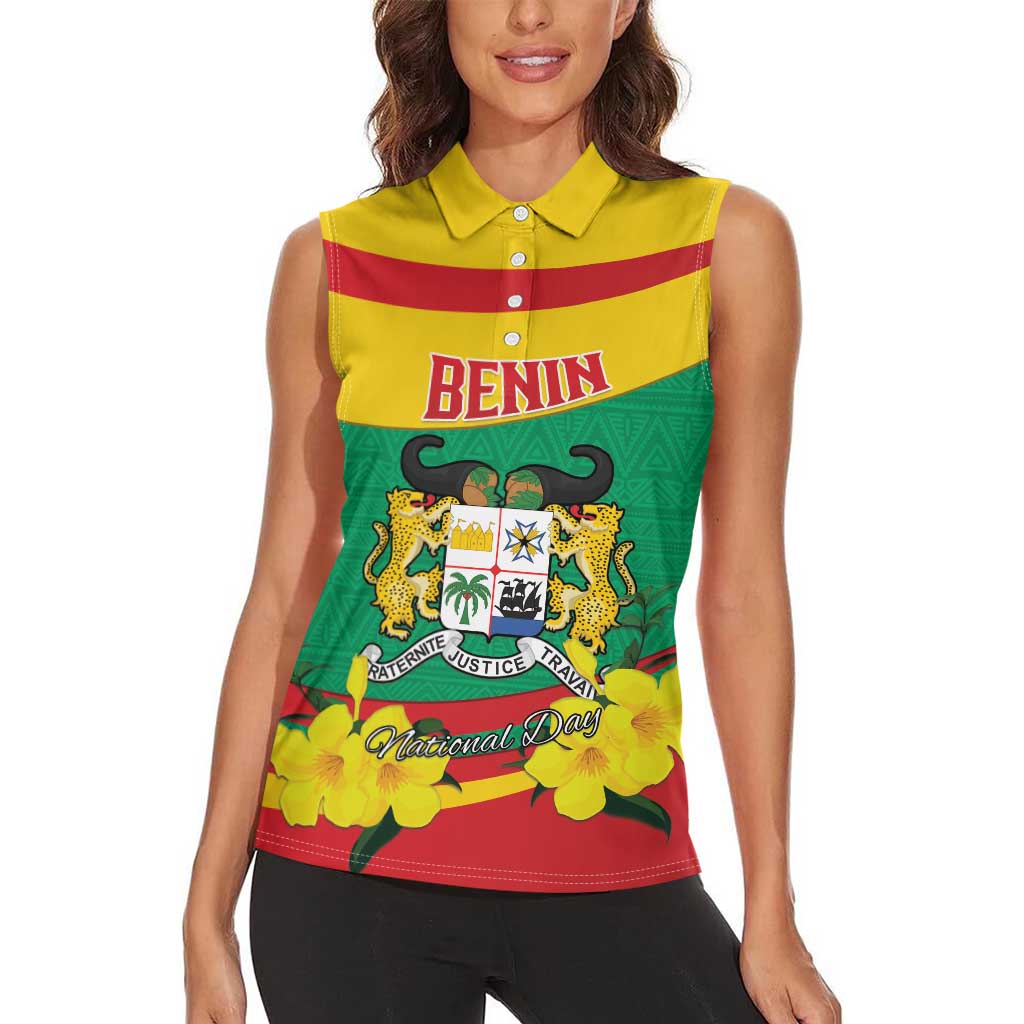 Personalised Benin National Day Women Sleeveless Polo Shirt Coat Of Arms Yellow Allamanda