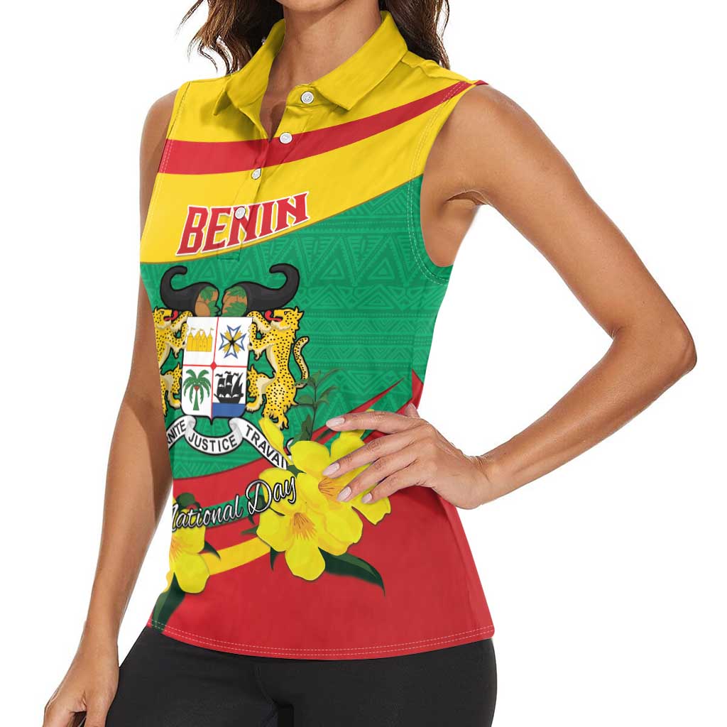 Personalised Benin National Day Women Sleeveless Polo Shirt Coat Of Arms Yellow Allamanda