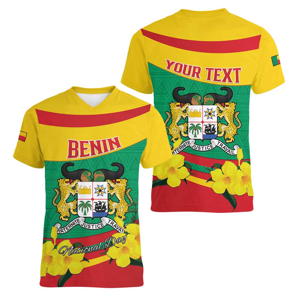 Personalised Benin National Day Women V-Neck T-Shirt Coat Of Arms Yellow Allamanda