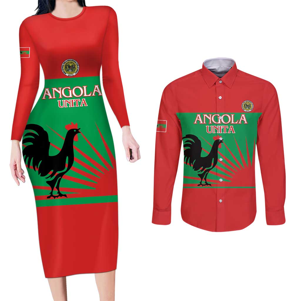 Personalised UNITA Angola Couples Matching Long Sleeve Bodycon Dress and Long Sleeve Button Shirt Party Flag Style