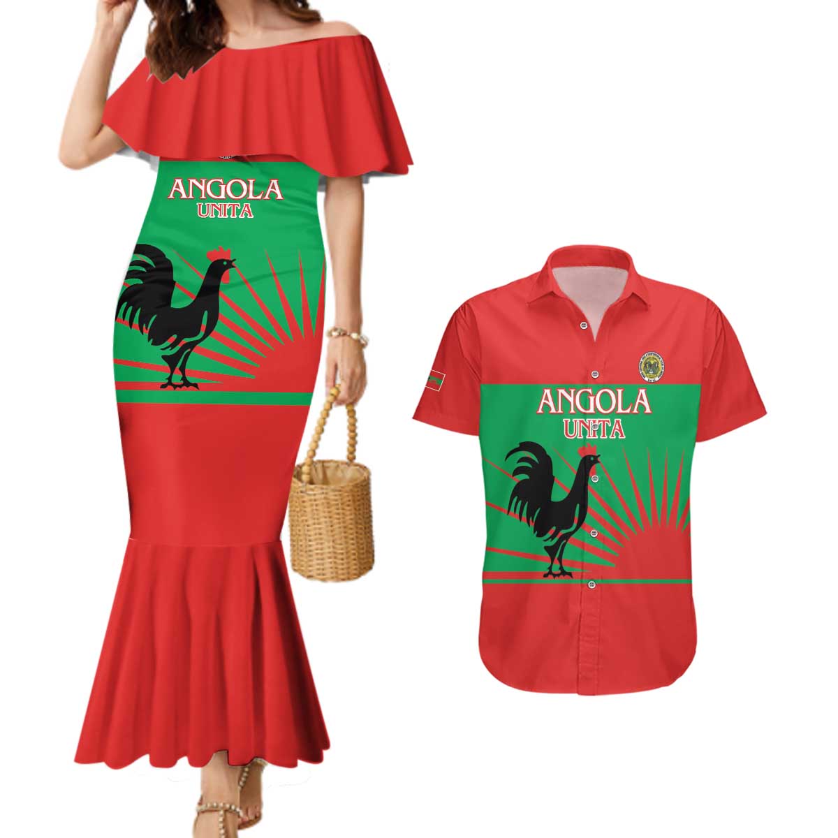Personalised UNITA Angola Couples Matching Mermaid Dress and Hawaiian Shirt Party Flag Style