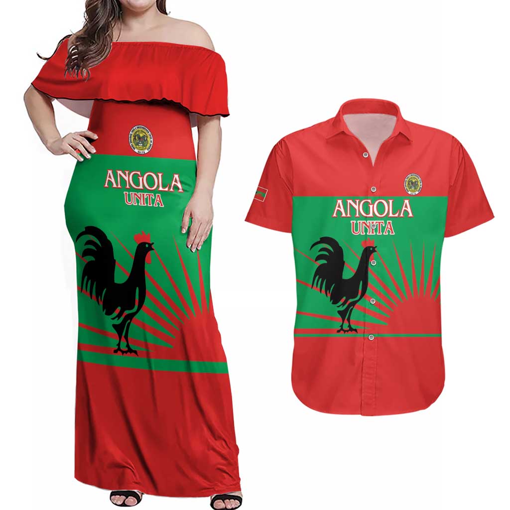 Personalised UNITA Angola Couples Matching Off Shoulder Maxi Dress and Hawaiian Shirt Party Flag Style