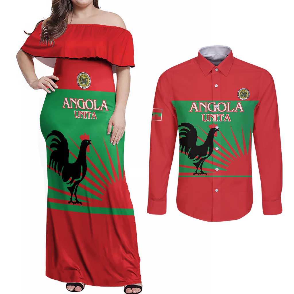 Personalised UNITA Angola Couples Matching Off Shoulder Maxi Dress and Long Sleeve Button Shirt Party Flag Style