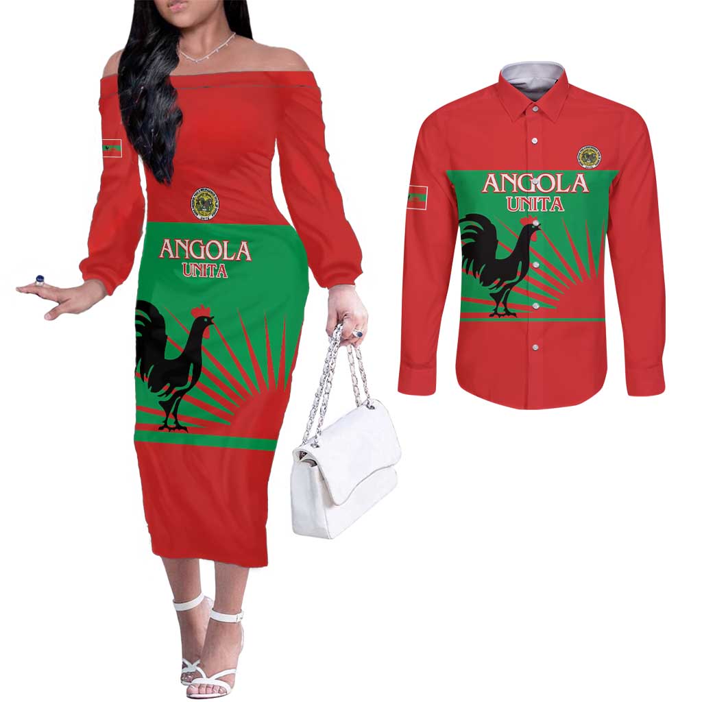 Personalised UNITA Angola Couples Matching Off The Shoulder Long Sleeve Dress and Long Sleeve Button Shirt Party Flag Style