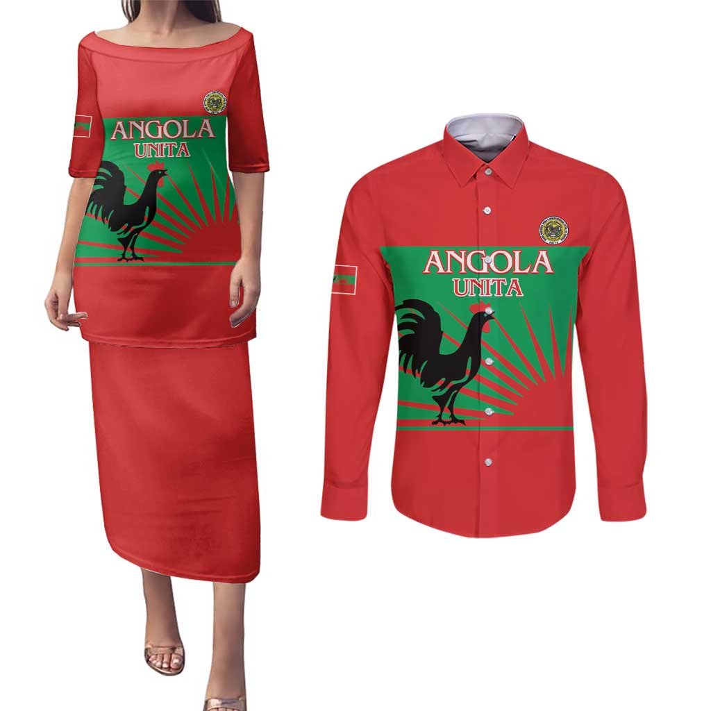 Personalised UNITA Angola Couples Matching Puletasi and Long Sleeve Button Shirt Party Flag Style