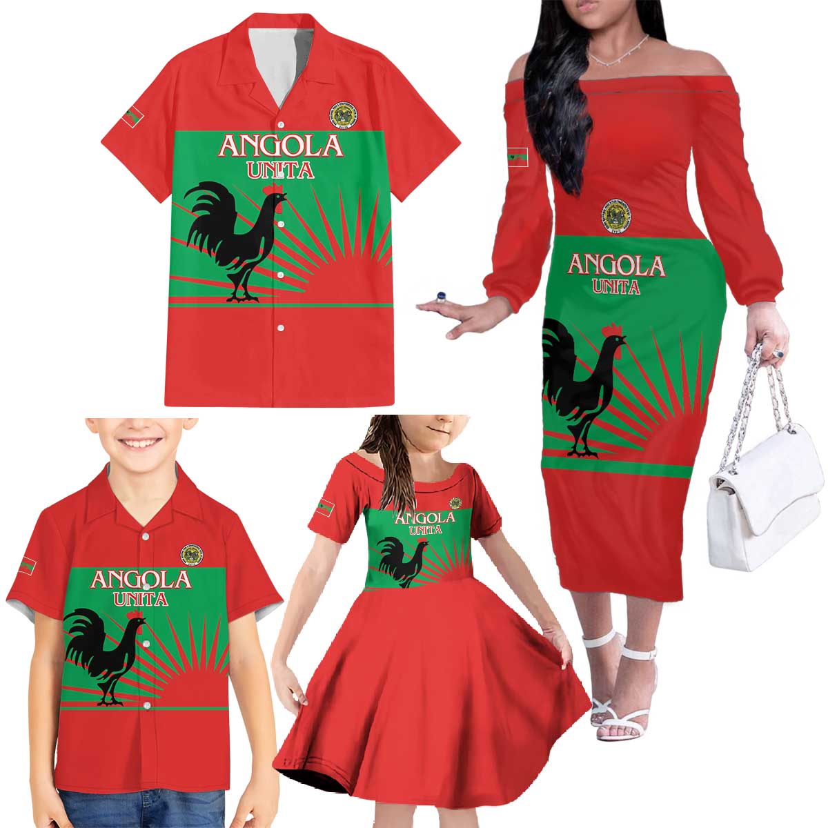 Personalised UNITA Angola Family Matching Off The Shoulder Long Sleeve Dress and Hawaiian Shirt Party Flag Style