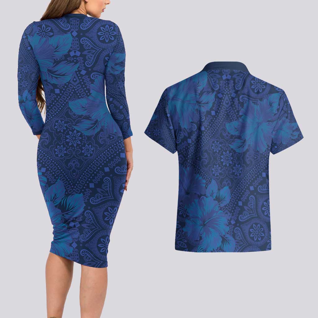 Hibiscus Mix ShweShwe African Pattern Couples Matching Long Sleeve Bodycon Dress and Hawaiian Shirt - Wonder Print Shop