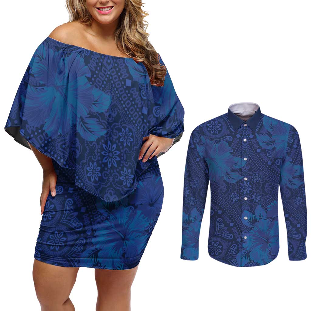 Hibiscus Mix ShweShwe African Pattern Couples Matching Off Shoulder Short Dress and Long Sleeve Button Shirt - Wonder Print Shop
