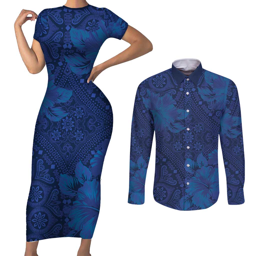 Hibiscus Mix ShweShwe African Pattern Couples Matching Short Sleeve Bodycon Dress and Long Sleeve Button Shirt - Wonder Print Shop