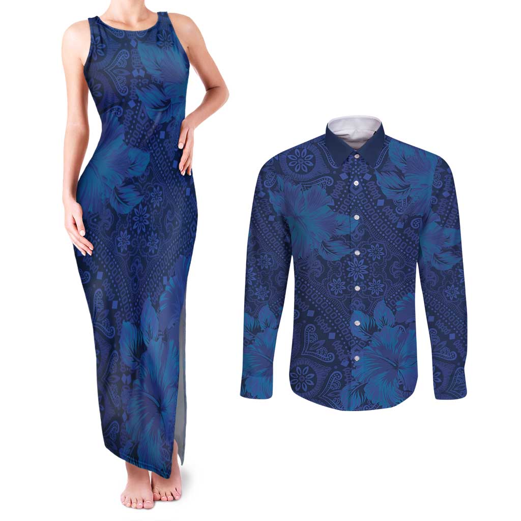 Hibiscus Mix ShweShwe African Pattern Couples Matching Tank Maxi Dress and Long Sleeve Button Shirt - Wonder Print Shop