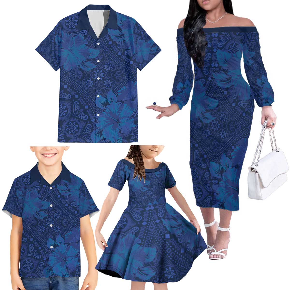 Hibiscus Mix ShweShwe African Pattern Family Matching Off The Shoulder Long Sleeve Dress and Hawaiian Shirt - Wonder Print Shop